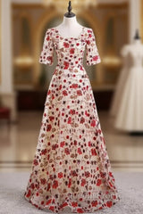 Champagne Tulle Embroidery Square Short Sleeve Evening Prom Dress