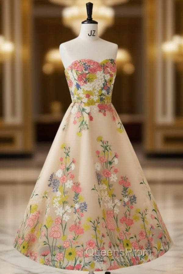 Champagne Tulle Embroidery Strapless Tea Length Evening Prom Dress