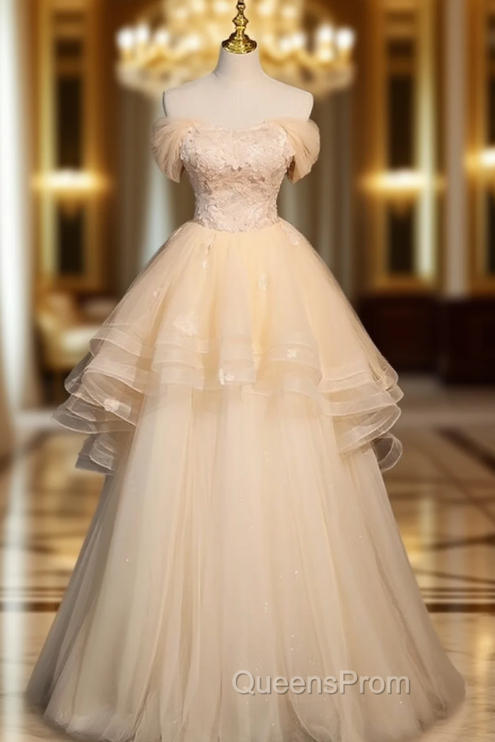 Champagne Tulle Flower Beading Off the Shoulder Evening Prom Dress