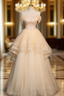Champagne Tulle Flower Beading Off the Shoulder Evening Prom Dress