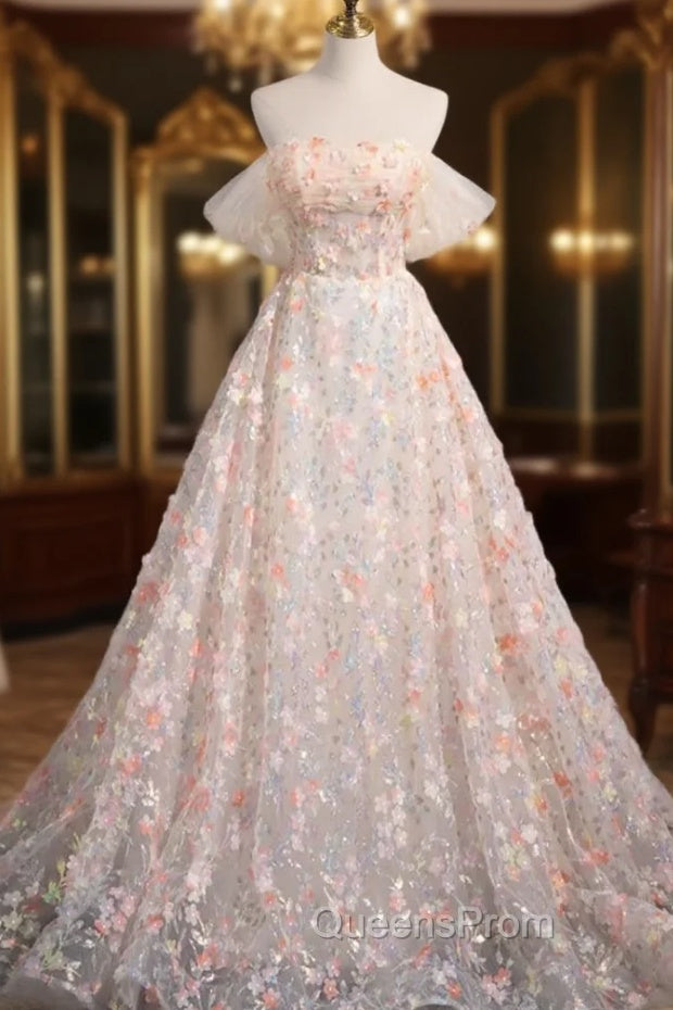 Champagne Tulle Flower Off the Shoulder Evening Prom Dress