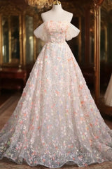 Champagne Tulle Flowers Sequins Off the Shoulder Evening Prom Dress