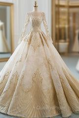 Champagne Tulle Gold Appliques Long Sleeve Wedding Dress