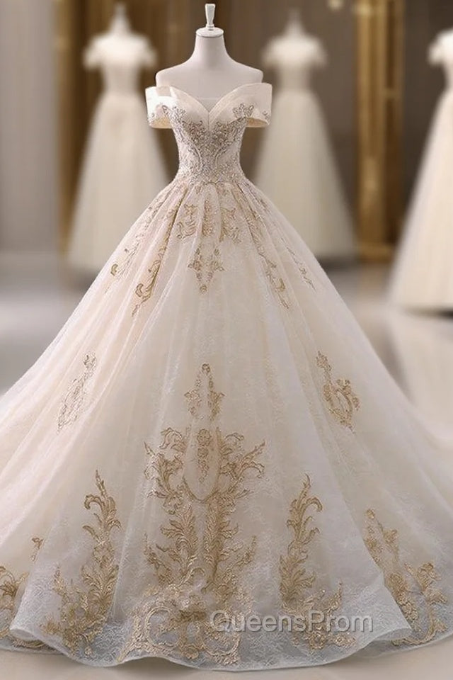 Champagne Tulle Gold Appliques Off The Shoulder Wedding Dress Main image
