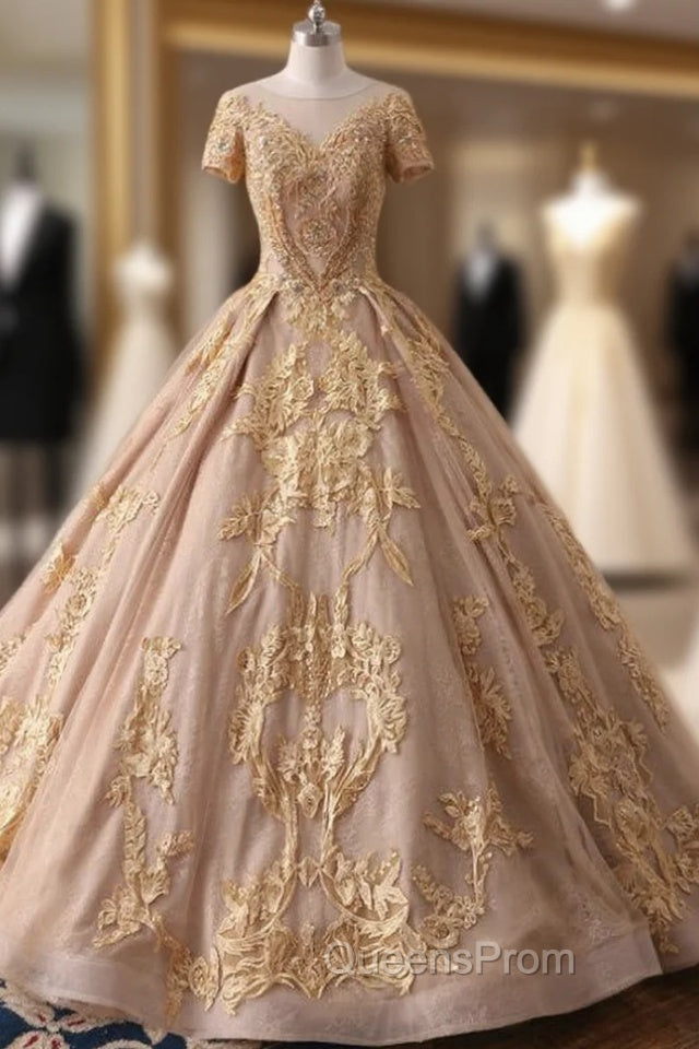 Champagne Tulle Gold Lace Appliques Beaded Sequins Wedding Dress Main image