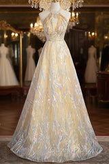 Champagne Tulle Halter Beading Evening Prom Dress