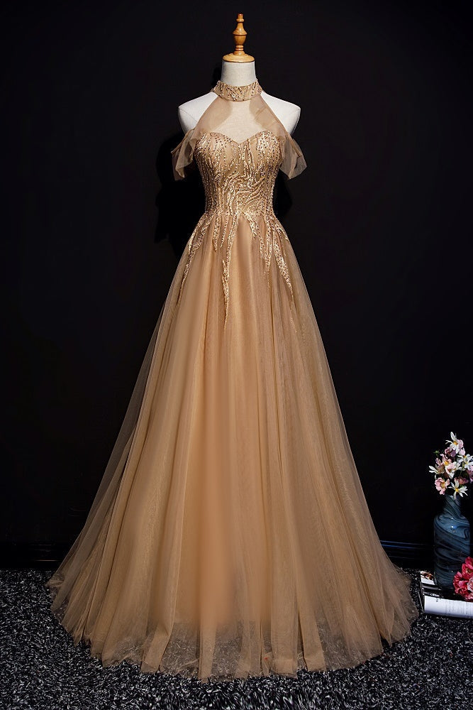 Champagne Tulle Halter Long Party Dress, A-Line Classy Gown Secondary image