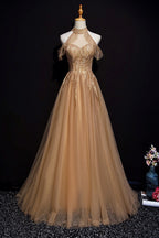 Champagne Tulle Halter Long Party Dress, A-Line Classy Gown