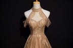 Champagne Tulle Halter Long Party Dress, A-Line Classy Gown