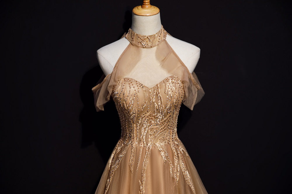 Champagne Tulle Halter Long Party Dress, A-Line Classy Gown
