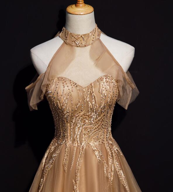 Champagne Tulle Halter Long Party Dress, A-Line Classy Gown