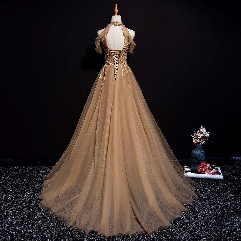 Champagne Tulle Halter Long Party Dress, A-Line Classy Gown