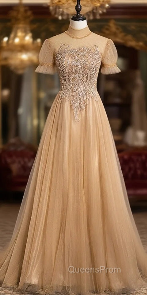 Champagne Tulle High Neck Backless Evening Prom Dress
