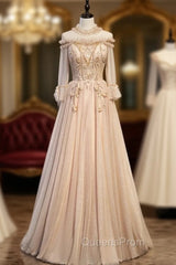 Champagne Tulle High Neck Long Sleeve Beading Evening Prom Dress