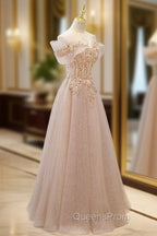 Champagne Tulle Lace A line Long Evening Prom Dress, Lace Champagne Evening Dress