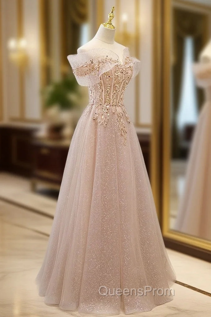 Champagne Tulle Lace A line Long Evening Prom Dress, Lace Champagne Evening Dress
