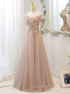Champagne Tulle Lace A line Long Evening Prom Dress, Lace Champagne Evening Dress