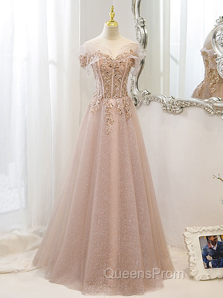 Champagne Tulle Lace A line Long Evening Prom Dress, Lace Champagne Evening Dress