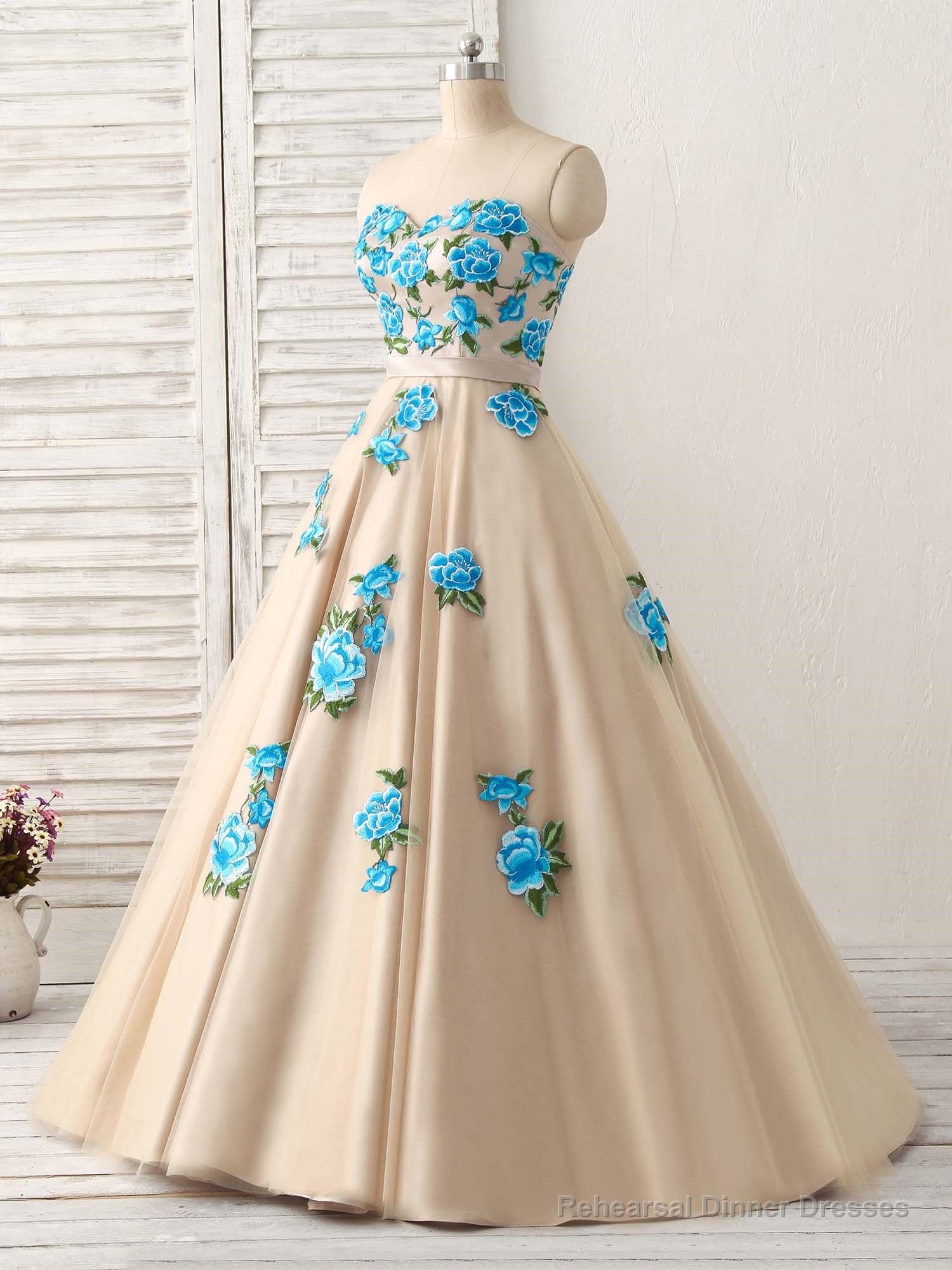 Champagne Tulle Lace Applique Long Prom Dress, Champagne Evening Dress Secondary image