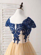 Champagne Tulle Lace Applique Short Prom Dress, Bridesmaid Dress