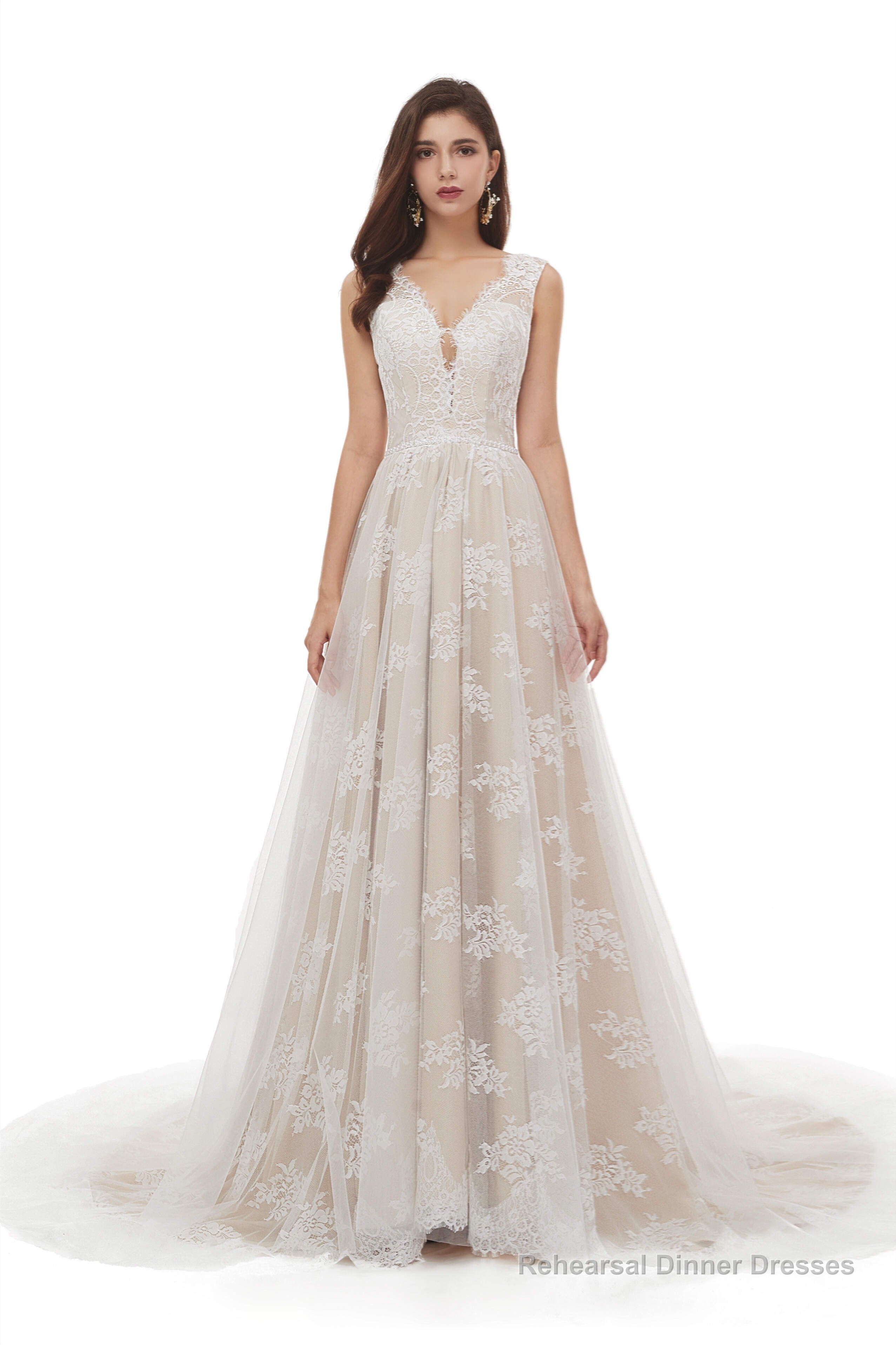 Champagne Tulle Lace Deep V-neck Backless Pearls Wedding Dresses Main image