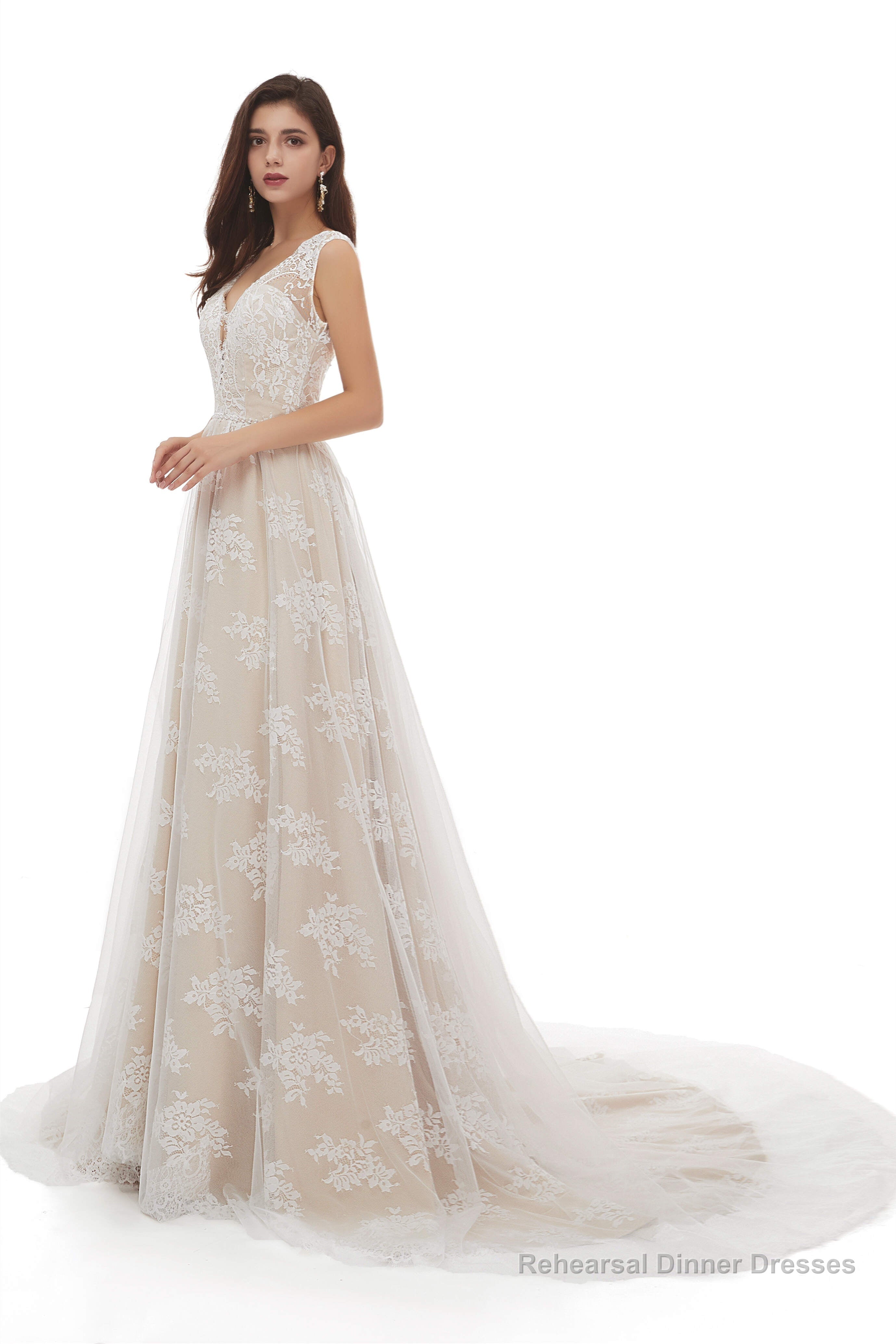 Champagne Tulle Lace Deep V-neck Backless Pearls Wedding Dresses