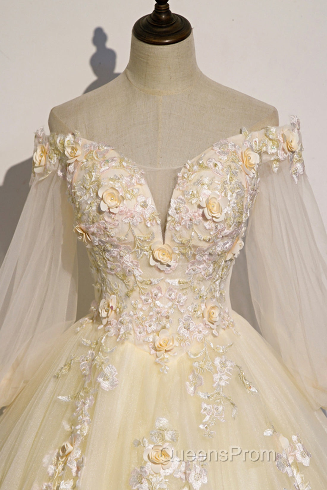 Champagne Tulle Lace Floor Length Evening Prom Dress, Off Shoulder Long Sleeve Evening Dress Secondary image