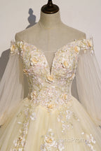 Champagne Tulle Lace Floor Length Evening Prom Dress, Off Shoulder Long Sleeve Evening Dress