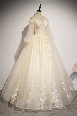 Champagne Tulle Lace Floor Length Evening Prom Dress, Off Shoulder Long Sleeve Evening Dress