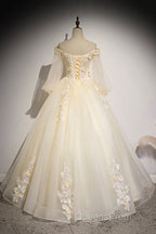 Champagne Tulle Lace Floor Length Evening Prom Dress, Off Shoulder Long Sleeve Evening Dress