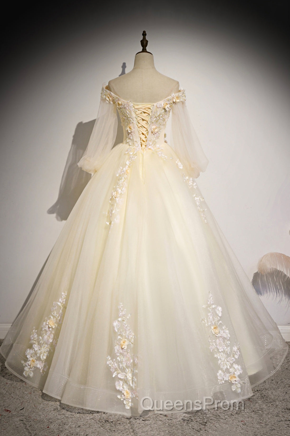 Champagne Tulle Lace Floor Length Evening Prom Dress, Off Shoulder Long Sleeve Evening Dress