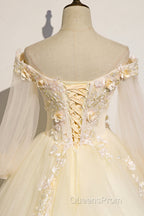 Champagne Tulle Lace Floor Length Evening Prom Dress, Off Shoulder Long Sleeve Evening Dress