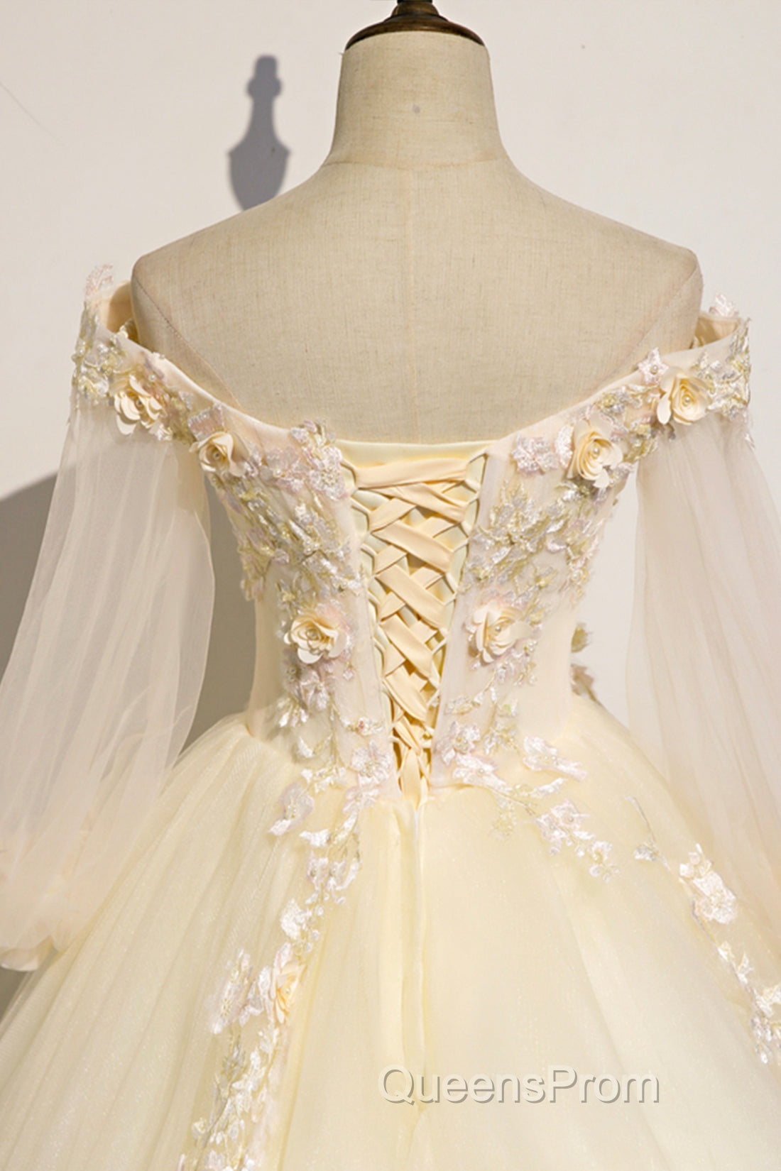 Champagne Tulle Lace Floor Length Evening Prom Dress, Off Shoulder Long Sleeve Evening Dress