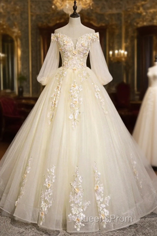 Champagne Tulle Lace Floor Length Evening Prom Dress, Off Shoulder Long Sleeve Evening Dress Main image