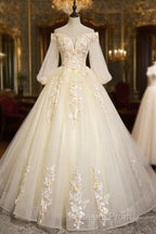 Champagne Tulle Lace Floor Length Evening Prom Dress, Off Shoulder Long Sleeve Evening Dress