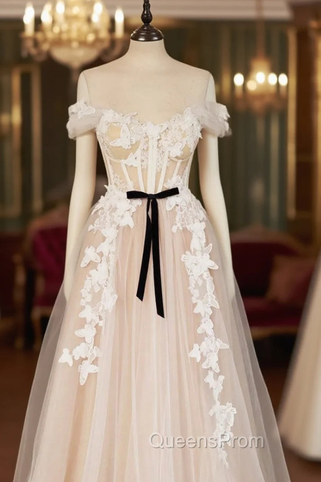 Champagne Tulle Lace Long Evening Prom Dress, A-Line Off the Shoulder Evening Dress Secondary image