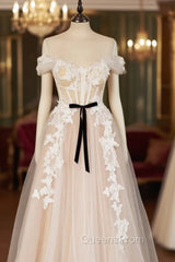 Champagne Tulle Lace Long Evening Prom Dress, A-Line Off the Shoulder Evening Dress