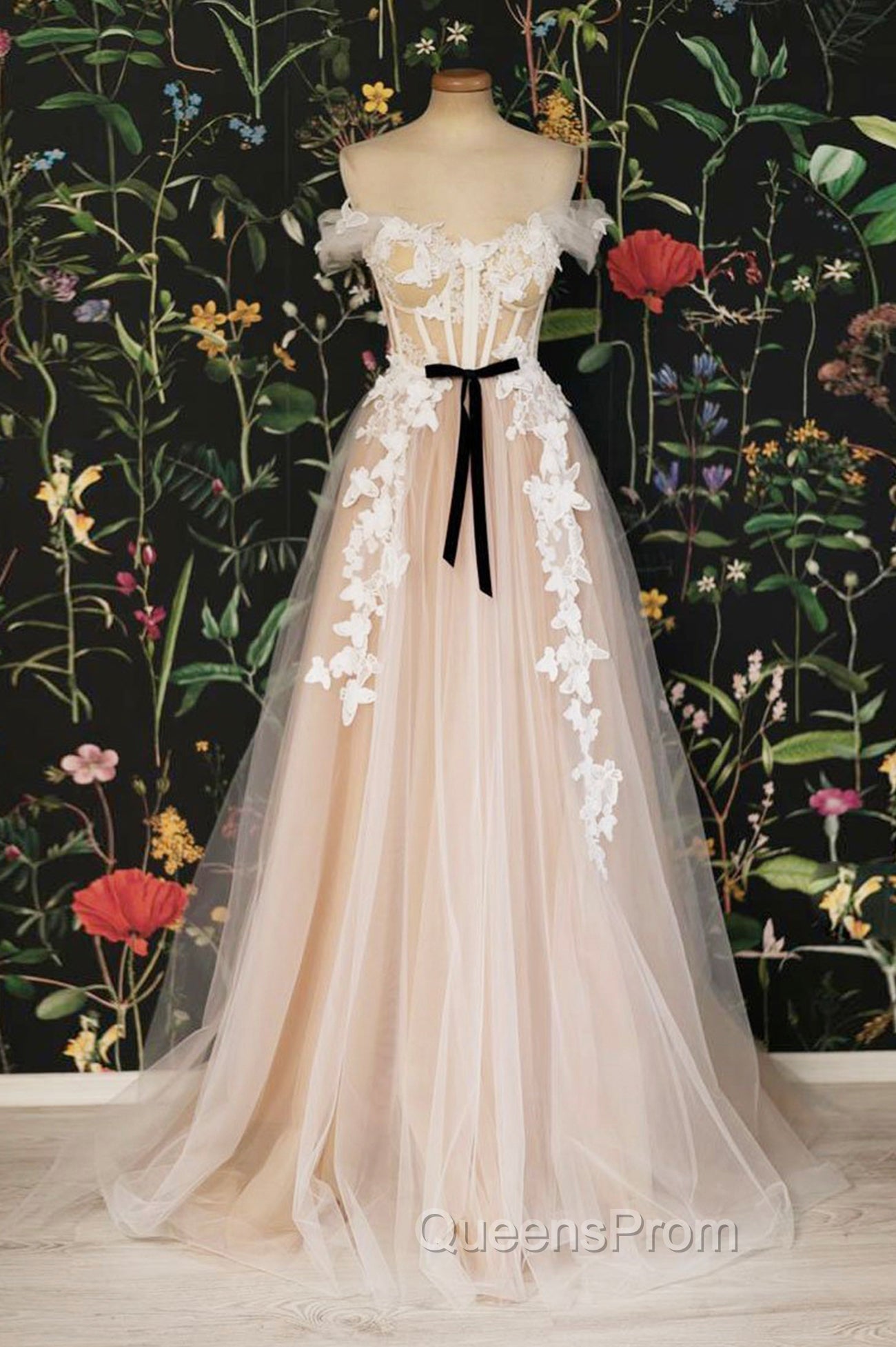 Champagne Tulle Lace Long Evening Prom Dress, A-Line Off the Shoulder Evening Dress Main image