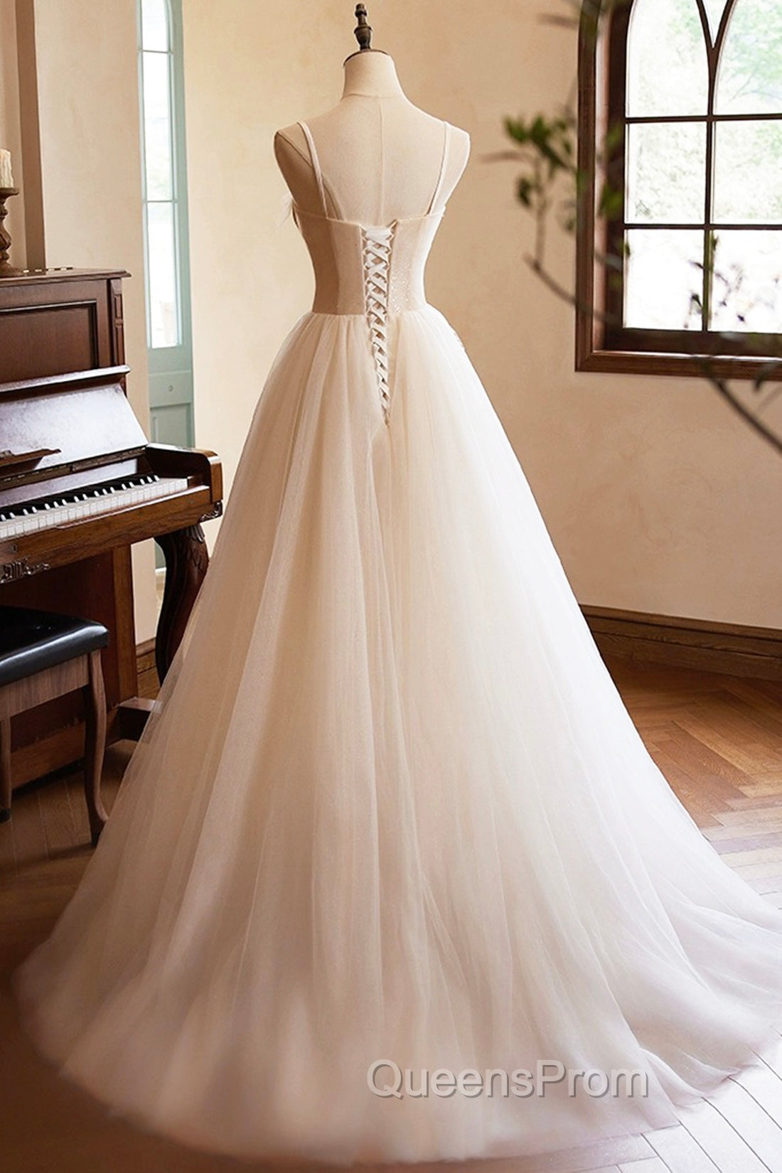 Champagne Tulle Lace Long Evening Prom Dress, A-Line Spaghetti Straps Backless Evening Dress Secondary image