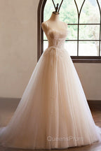 Champagne Tulle Lace Long Evening Prom Dress, A-Line Spaghetti Straps Backless Evening Dress