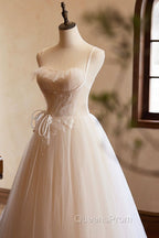 Champagne Tulle Lace Long Evening Prom Dress, A-Line Spaghetti Straps Backless Evening Dress
