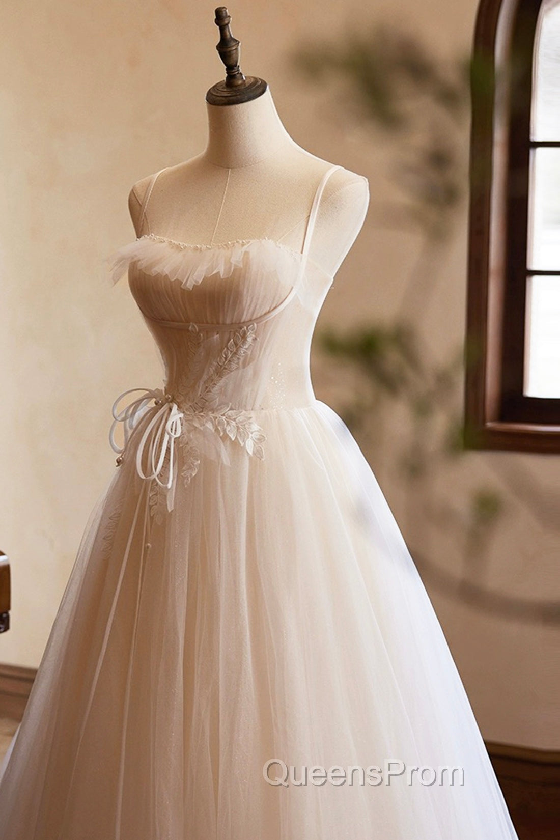 Champagne Tulle Lace Long Evening Prom Dress, A-Line Spaghetti Straps Backless Evening Dress