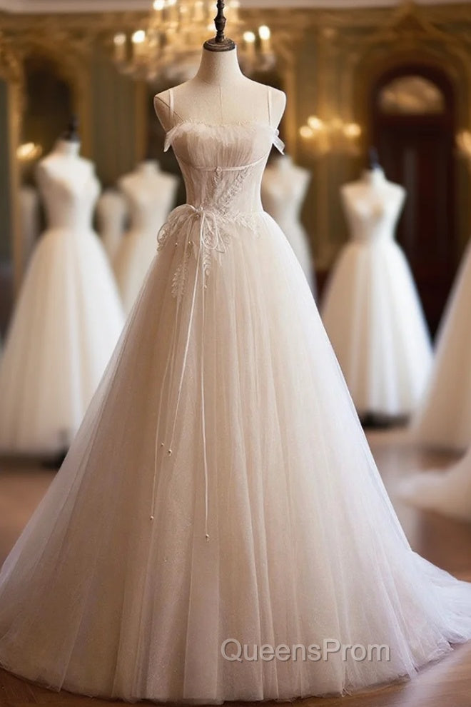 Champagne Tulle Lace Long Evening Prom Dress, A-Line Spaghetti Straps Backless Evening Dress Main image