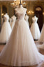 Champagne Tulle Lace Long Evening Prom Dress, A-Line Spaghetti Straps Backless Evening Dress