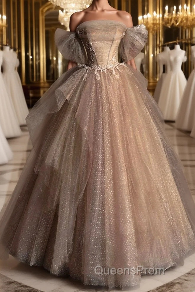Champagne Tulle Lace Long Evening Prom Dress, Champagne Evening Formal Dress Main image