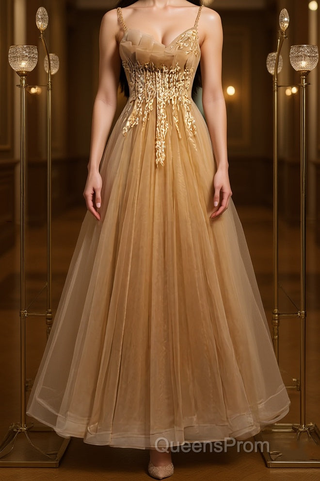 Champagne tulle lace long Evening Prom Dress champagne formal Dress