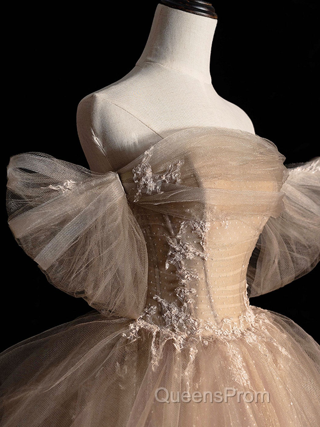 Champagne Tulle Lace Long Evening Prom Dress, Champagne Formal Evening Dress Secondary image