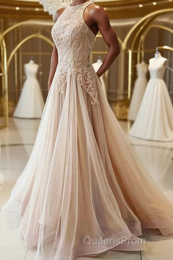 Champagne tulle lace long Evening Prom Dress, champagne tulle evening Dress Main image