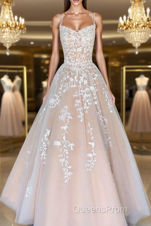 Champagne tulle lace long Evening Prom Dress, champagne tulle formal Dress Main image