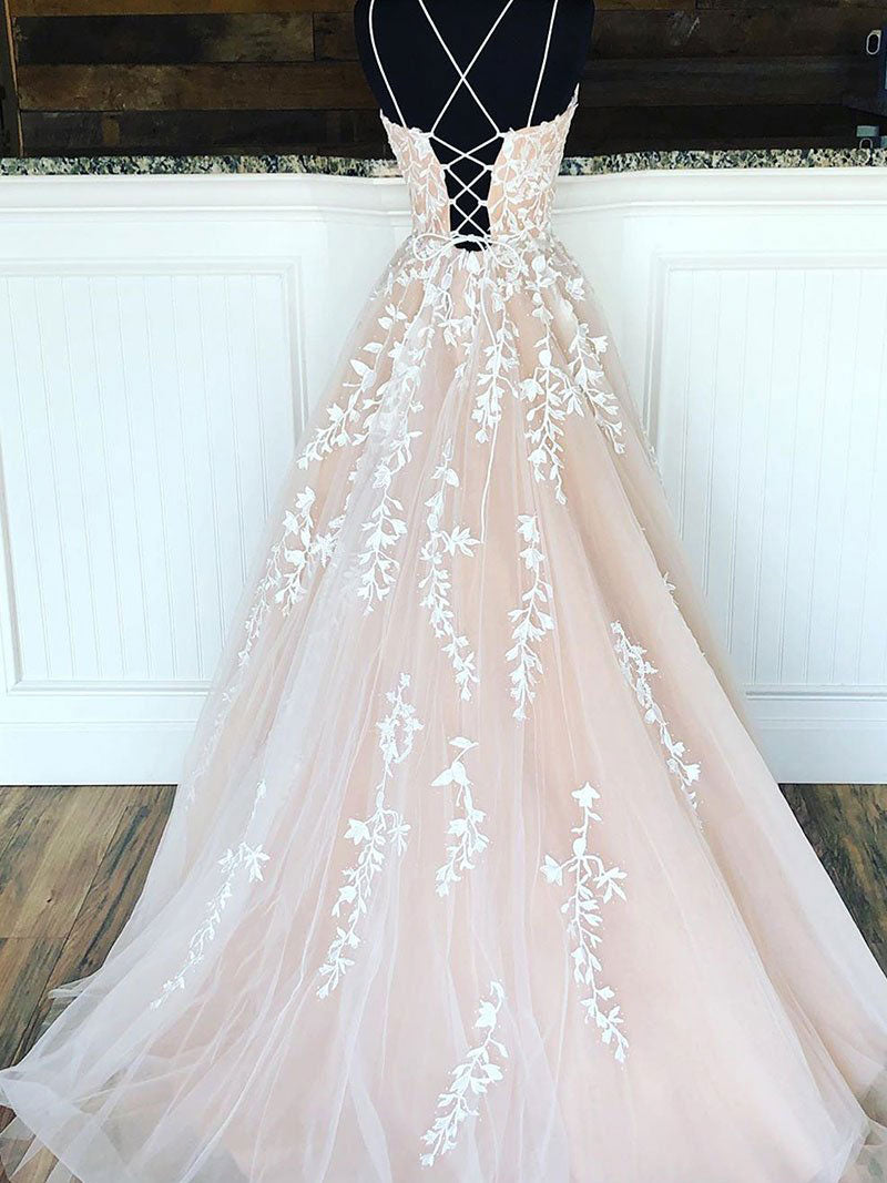 Champagne Tulle Lace Long Classy Prom Dress Lace Tulle Prom Dress Secondary image